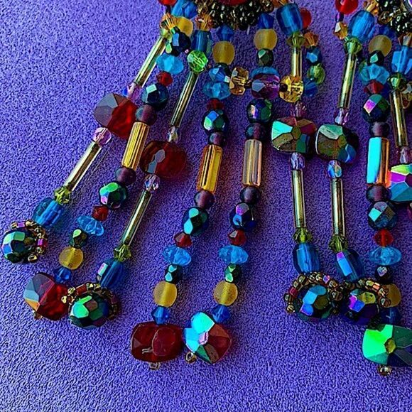 Multi color glass artisan beaded festoon chandelier earrings clip back red - Picture 3 of 10